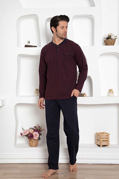 ALİMER Men's Claret Red O-Neck Placket Buttoned Long Sleeve Mini Polka Dot Lycra Pocket Pajamas Set EDY1190UK-B