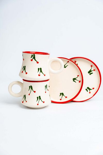 Gezdikçe Bilelim Set of 2 Cherry Patterned Handmade Boiler Ceramic Coffee Cup, Coffee Cup