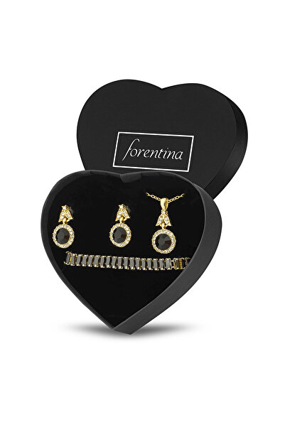 Forentina Gold Renk Siyah Taşlı Kolye Küpe Bileklik Takı Seti - Ps323200tr