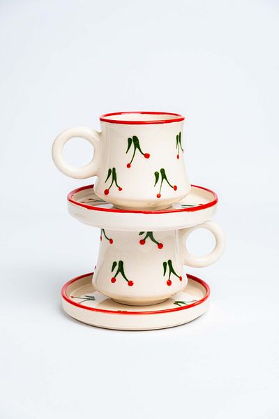 Gezdikçe Bilelim Set of 2 Cherry Patterned Handmade Boiler Ceramic Coffee Cup, Coffee Cup