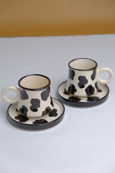 Gezdikçe Bilelim Set of 2 Handmade Cow Boiler Ceramic Coffee Cup, Coffee Cup, Hand Made
