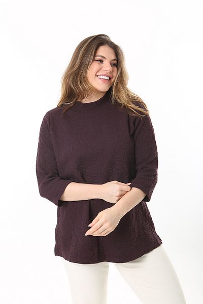 Şans Women's Plus Size Plum Zero Collar Self Patterned Capri Sleeve Tunic 65N37495