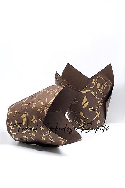 Trend Hediye Sepeti 200 Tulip Capsules - Brown and Gold Gilded Muffin Cake - Bright Gold Printed Tulip