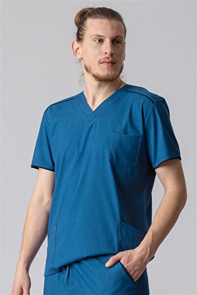 Medikal Dolap Bergama Men's Indigo Single Top Lycra-Pocketed-Doctor Nurse Uni...