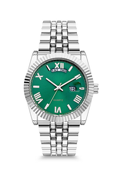 pierrose Gümüş Renk Çelik Kordon Romen Rakamlı Çift Takvimli Erkek Kol Saati