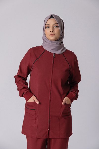 Medikal Dolap Bergama Women's Hijab Claret Red Single Top Lycra - Zippered - Doctor Nurse Uniform - Scrubs
