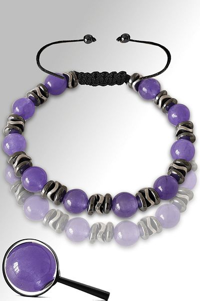 Tesbih Atölyesi Certified Hematite Real Purple Agate Stone Bracelet - Adjustable