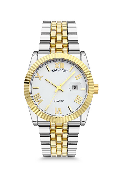 pierrose Gümüş Gold Çift Renk Çelik Kordon Romen Rakamlı Çift Takvimli Erkek ...