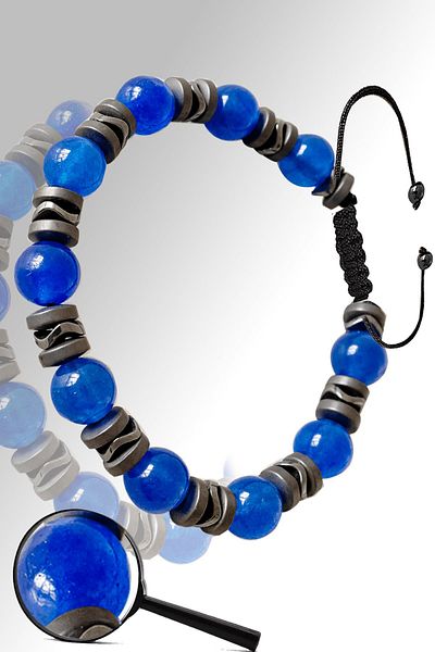 Tesbih Atölyesi Certified Matte Hematite - Blue Agate Stone Bracelet - Adjustable