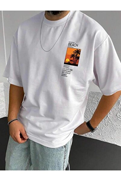 khufu Beach Printed White Oversize T-shirt Unisex