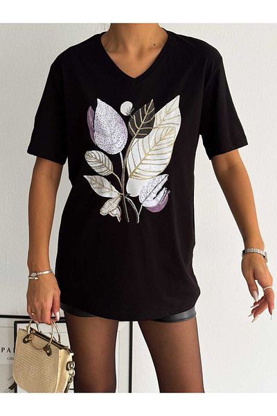 ERTULTEXTILE Women's Large Size New Season 100% Cotton Branch Embroidered Embroidered T-shirt