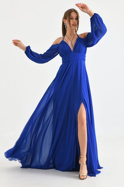 lovebox Lined Chiffon Fabric Slit Detailed Back Low-cut Maxi Length Saks Blue Evening Dress 9289