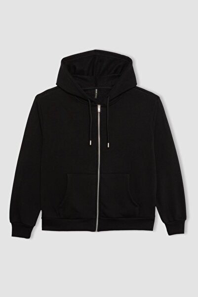 DeFacto Relax Fit Kapüşonlu Cepli Basic Düz Fermuarlı Sweatshirt C1809ax24sp