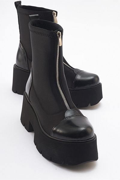 LuviShoes BRAY Damen-Stiefel aus schwarzem Lackleder mit dicker Sohle aus Scuba