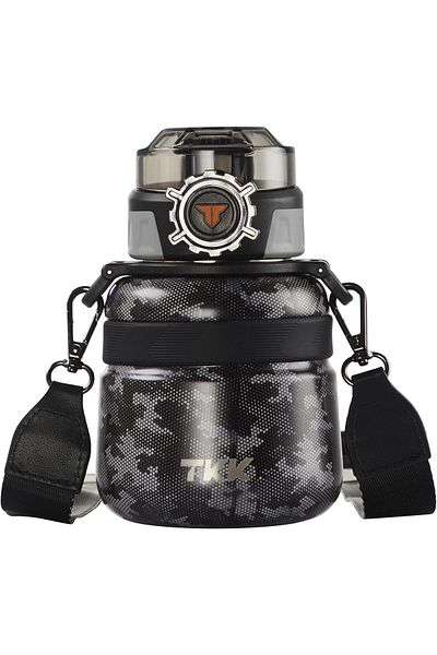 Vagonlife TKK 600ml Black Camouflage - Stainless Steel Thermos Flask with Strap and No Straw