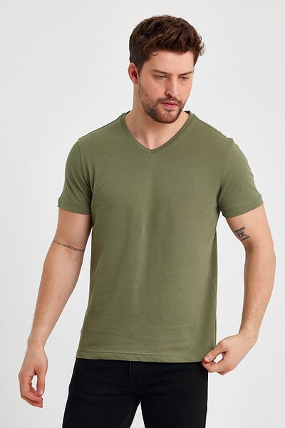 mmetalic Men's Khaki Basic Regular Fit Cotton Short Sleeve V-Neck T-shirt