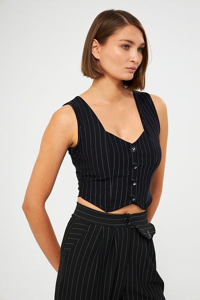 MOREPERLA Women's Black Striped Heart Collar Buttoned Crepe Knitted Vest