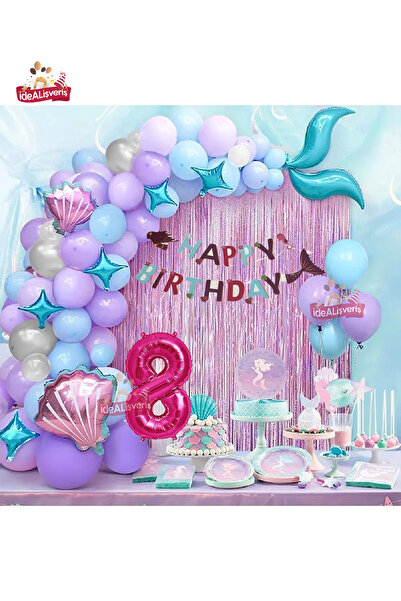 Bkmc Banner sirenă de 8 ani Balon albastru mov Baloane din folie Set perdea c...