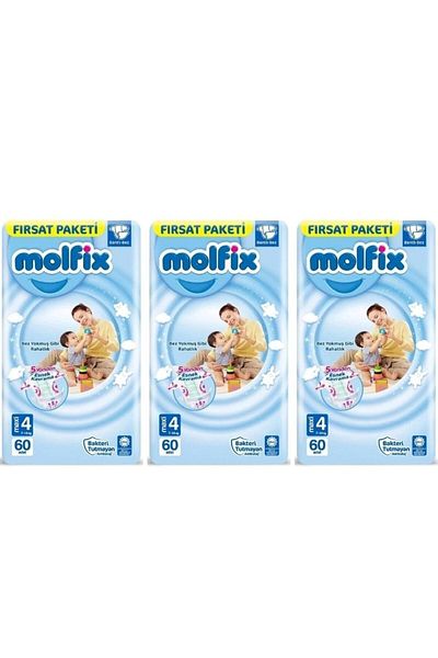 Molfix 4 Size Maxi Opportunity Package 7-14 Kg 60 Pieces Taped Baby Diapers X3 Pieces (180 Pieces)