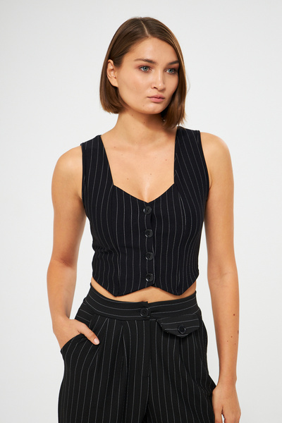 MOREPERLA Kadın Siyah Çizgili Kalp Yaka Düğmeli krep Örme Yelek