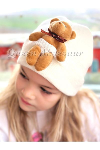 QUEEN AKSESUAR Trend Fashion Special Design Cute Plush Teddy Bear Boy Girl Unisex Children's Hat Cream Color Ecru Hat
