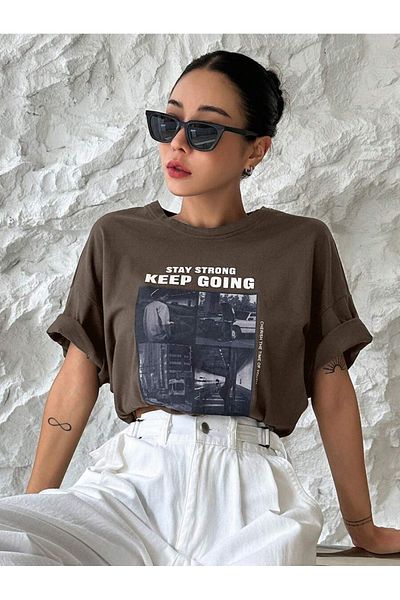 trendgar кафява унисекс тениска с щампа „Keep Going“