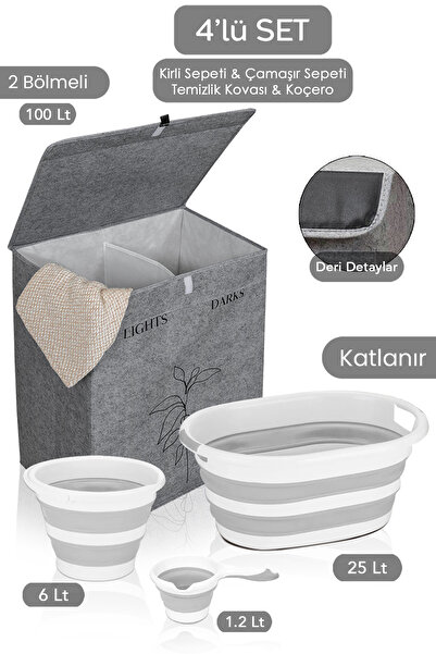 Meleni Home Keçe 2 Gözlü Çamaşır Sepeti Gri 53x33x60cm-25Lt Katlanır Çamaşır ...