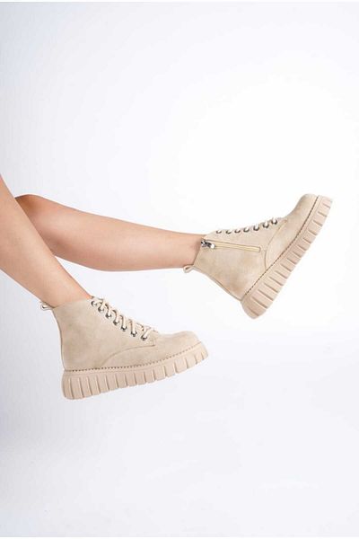 JVC Cizme din piele intoarsa bej - Pantofi de dama cu siret si fermoar