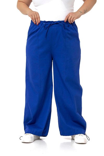 DISENTIS MODEST Plus Size Wide Leg Gabardine Saks Blue Trousers with Tie Detail