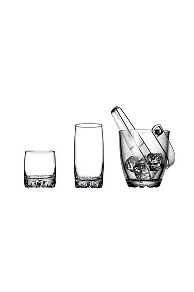 Paşabahçe Sylvana Whiskey & Cocktail Glass & Ice Bucket Set 14 Pieces (6 Long & 6 Short & 1 Ice Container & 1 Tong)