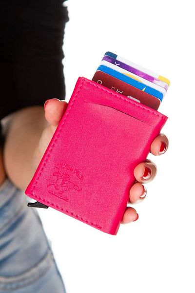 Leyl Unisex Pink Faux Leather Mechanism Automatic Slide Card Holder Wallet