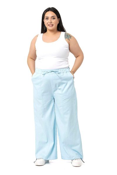 DISENTIS MODEST Plus Size Wide Leg Tie Detailed Gabardine Baby Blue Trousers