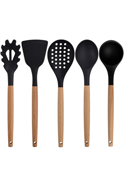 ZUZU MADE 5 Parça Bambu Saplı Silikon Mutfak Servis Seti - Spatula, Kevgir, K...