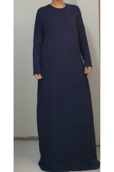 Mertcan Butik Μπλε ναυτικό μανίκι casual χτενισμένο βισκόζη φόρεμα hijab