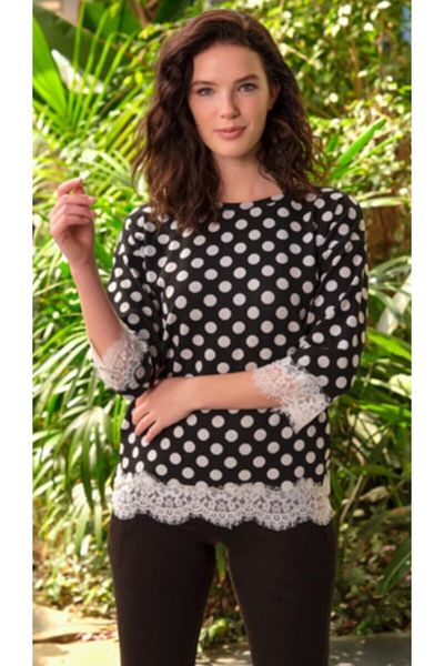 Anıl Top Polka Dot Sleeve Lace Detailed Black Pajama Set 9760