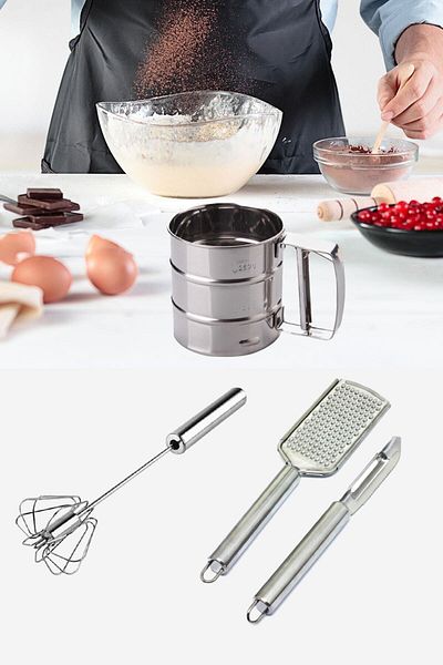 UNDERGROUND TRADE Stainless Metal Flour Sugar Sieve, Press Automatic Beater, Steel Hand Grater & Peeler Set