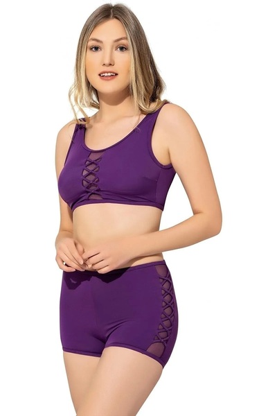 Swana Kadın Mor Tül Detaylı Şortlu Bikini Takımı
