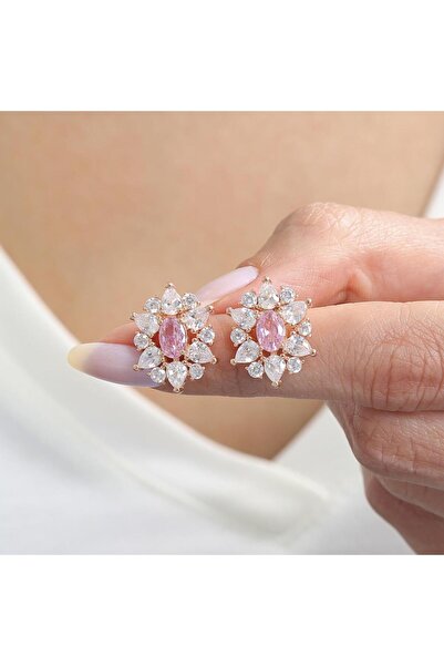 Effective Diamond Paris Işıltısı Rose Renk Pink Taşlı Gümüş Küpe