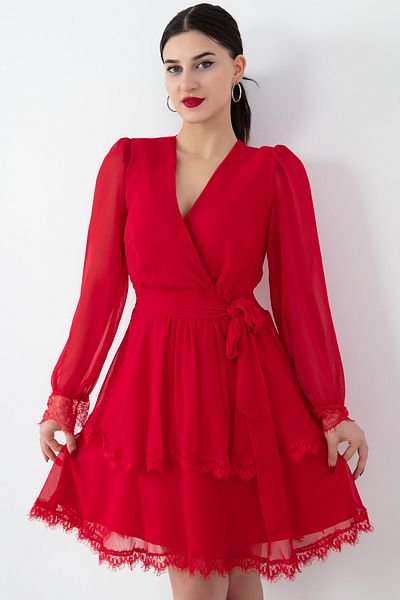 PULLIMM Rochie din șifon cu mânecă lungă cu detaliu din dantelă GRS3316