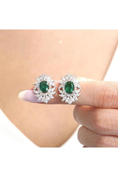 Effective Diamond Venedik Dansı Sentetik Zümrüt Taşlı Gümüş Küpe