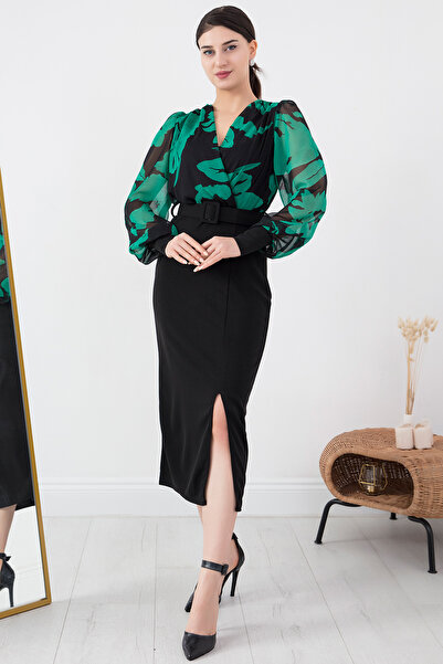 PULLIMM Üstü Şifon Kemerli Krep Elbise GRS3289