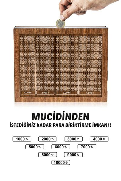 Yaprak Hediyelik 10 in 1 Wooden Parabox Targeted Piggy Bank Allows Accumulation of Any Amount (Installed)