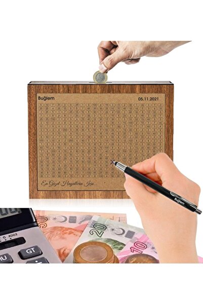 Yaprak Hediyelik Isim Baskılı 10.000 Hedefli Ahşap Para Box Kumbara Kalem Hed...