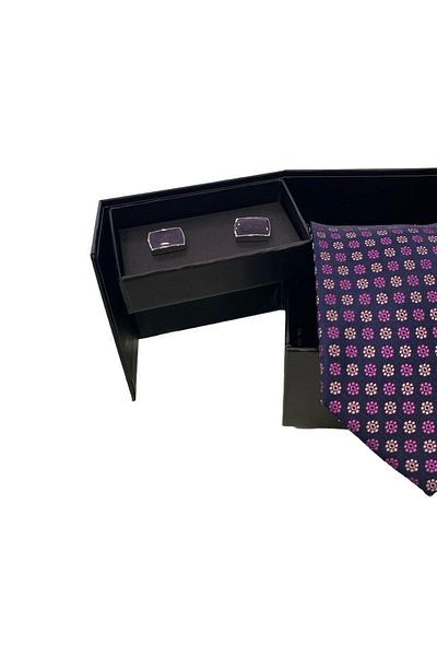 Sarar Polka Dot Pattern Navy Blue Fuchsia Tie Handkerchief Cufflink Set