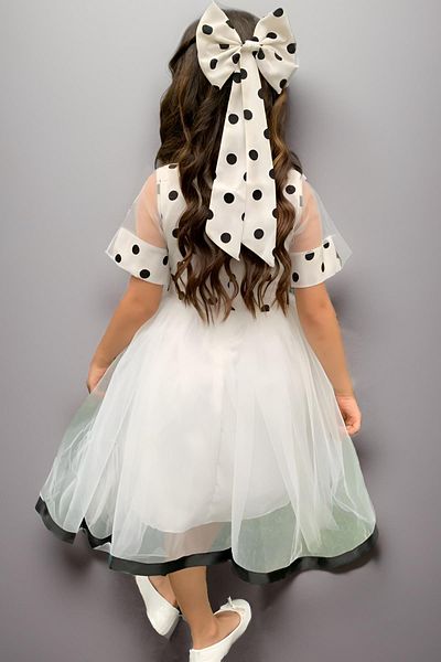 Riccotarz Girl's Ribbon Buckle and Stripe Detailed Tulle Polka Dot White Dress