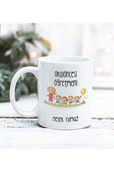 Yaprak Hediyelik Kişiye Özel Okul Öncesi Öğretmeni Tasarımlı Kupa Bardak