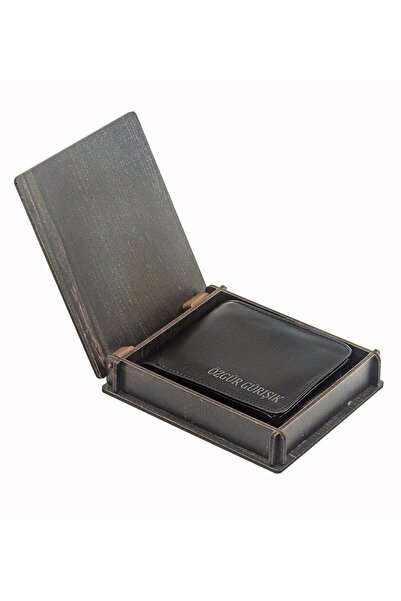 Yaprak Hediyelik Kişiye Özel Isimli Ahşap Kutulu Deri Erkek Cüzdanı