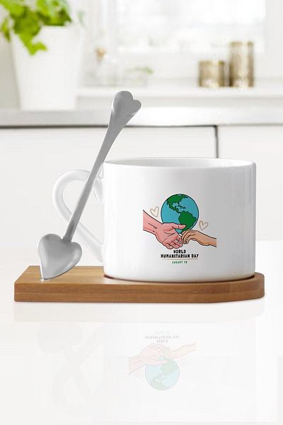 Yaprak Hediyelik كوب بتصميم يوم المساعدة الإنسانية العالمي مع قاعدة خشبية