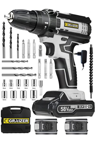 Graizer Alman 58 V 5 Ah Darbeli Metal Şanzuman Bakir Sargili Çift Akülü Şarjlı Vidalama Matkap 24 Parça Set
