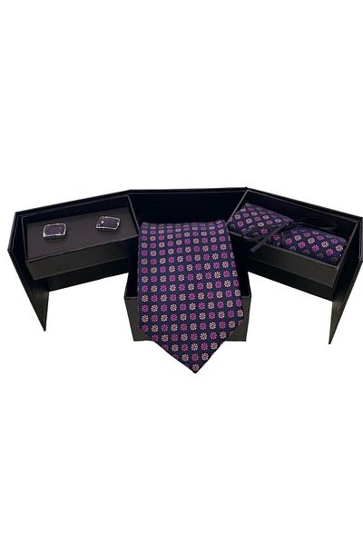 Sarar Polka Dot Pattern Navy Blue Fuchsia Tie Handkerchief Cufflink Set